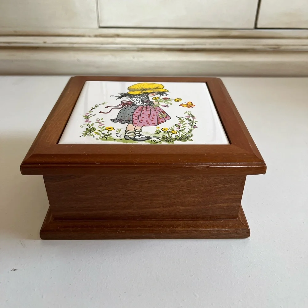 Vintage Girl Jewelry Trinket Box w/ Tile Top Divided Felt Insert Mirror
